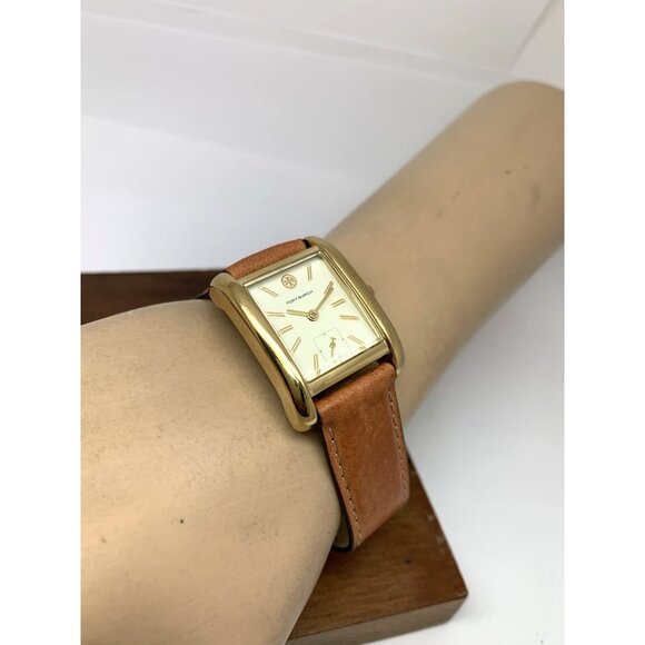 Tory Burch Women\'s Watch TBW1068 Tank Cream Dial Gold Quartz Brown Leather Band